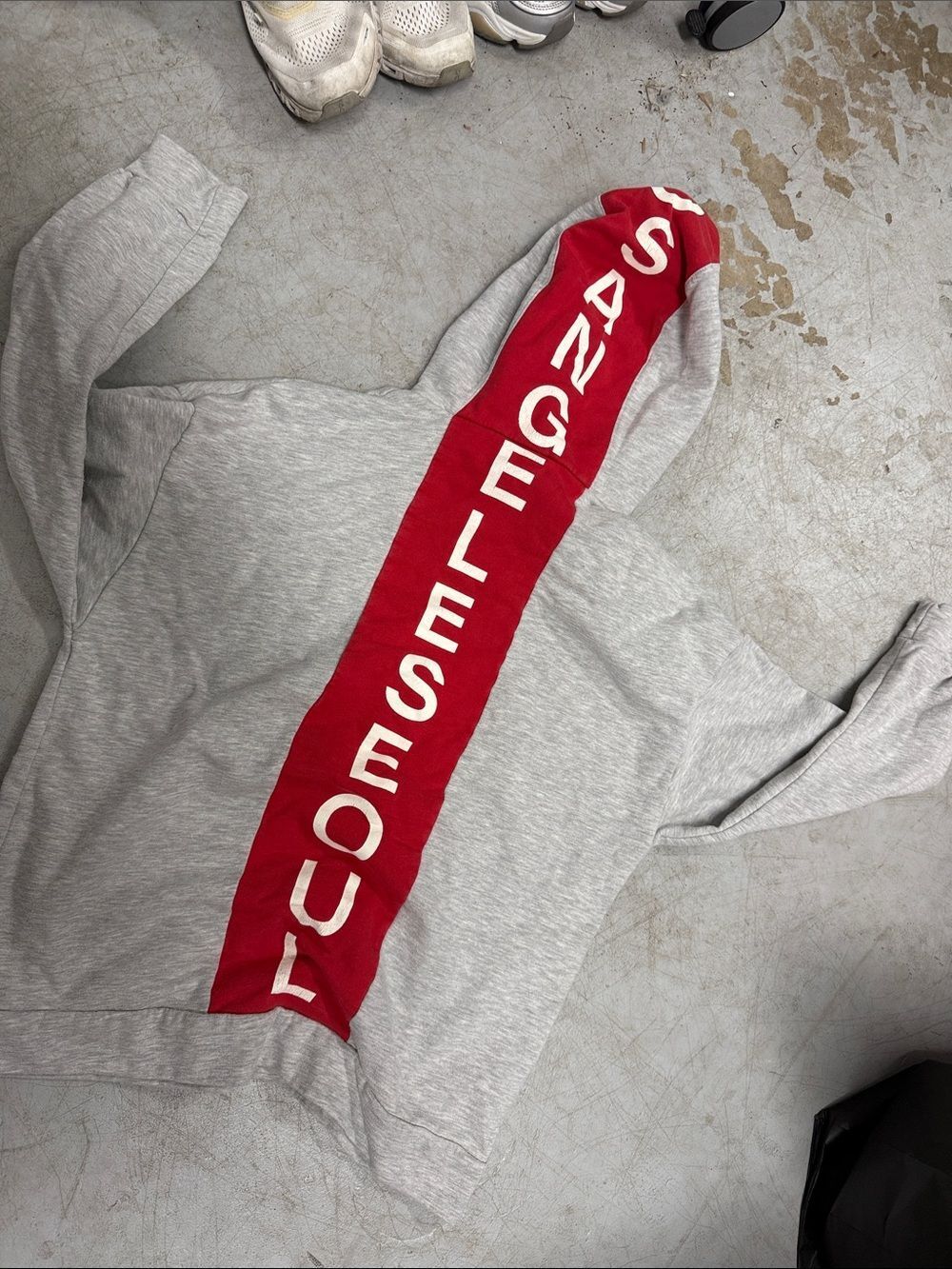 ZARA Grey Hoodie Red Vertical Stripe White Lettering - LOSANGELESEOUL - Small